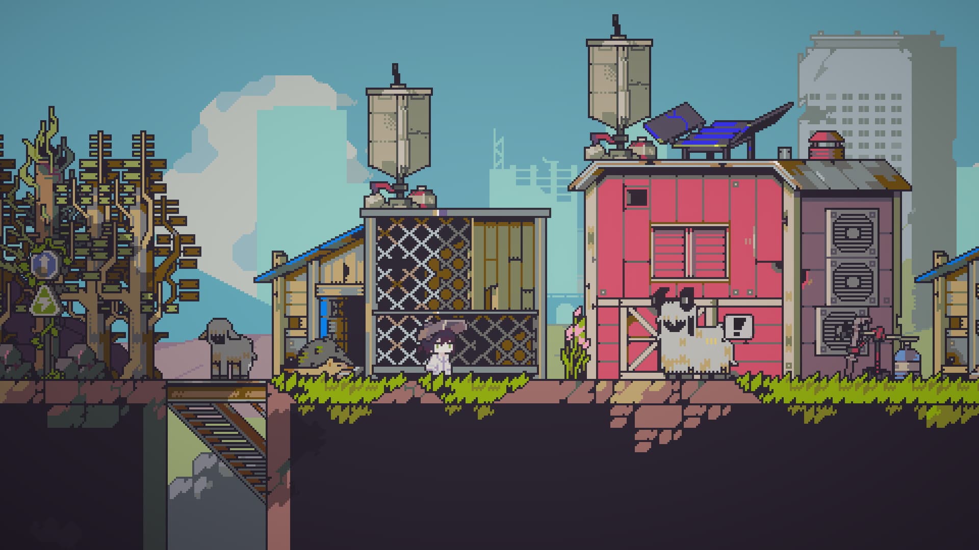 The Doloc Town protagonist standing beside animals and a red farm shed