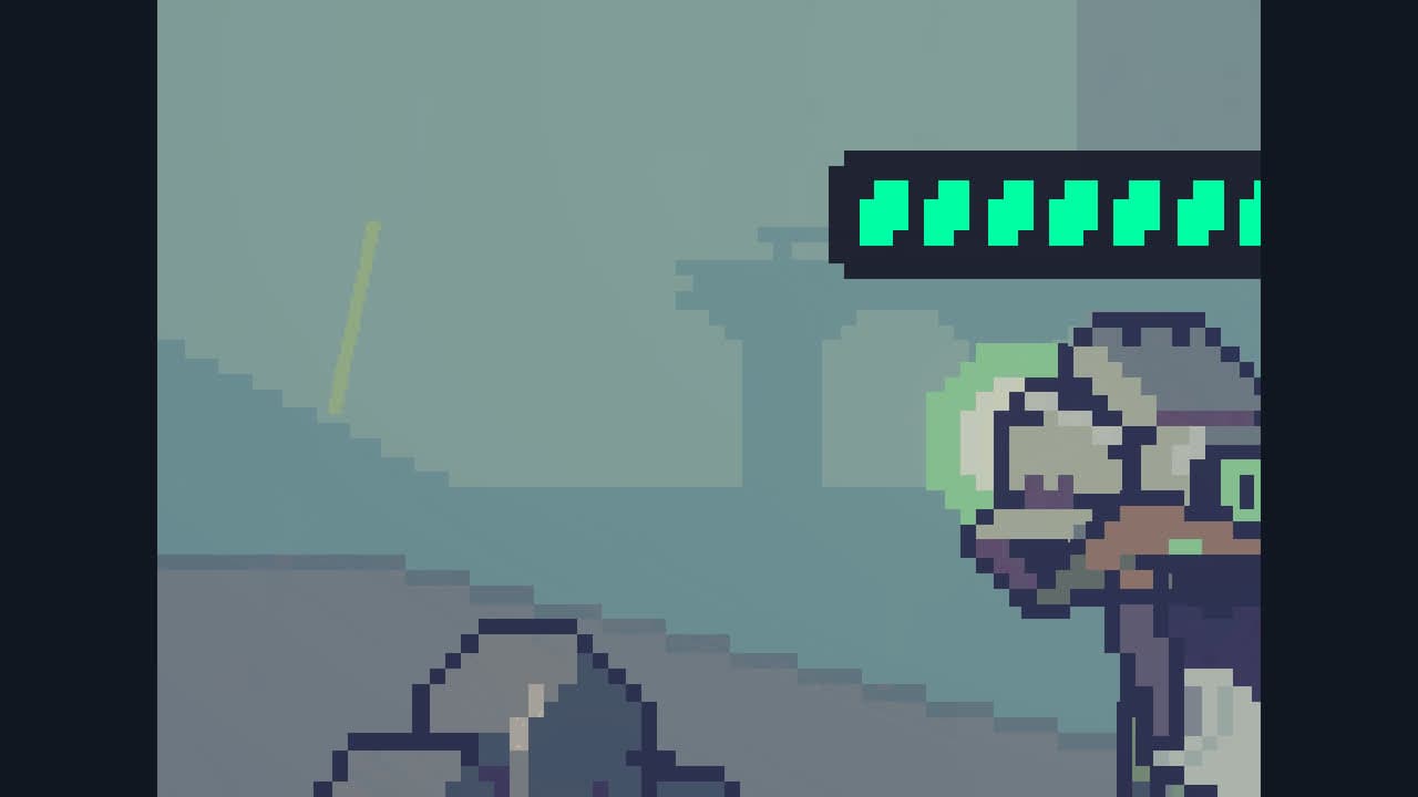 A close view of the hovering drone companion and its battery meter in Doloc Town