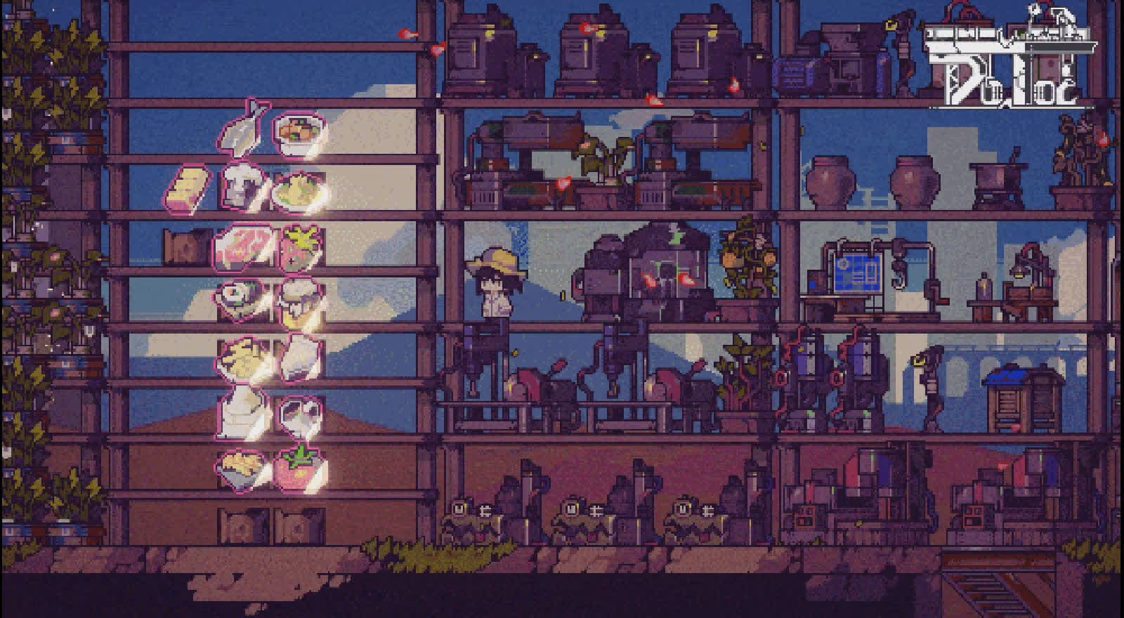 Official Doloc Town countdown frame showing a stacked shelf of prepared dishes beside processing machines