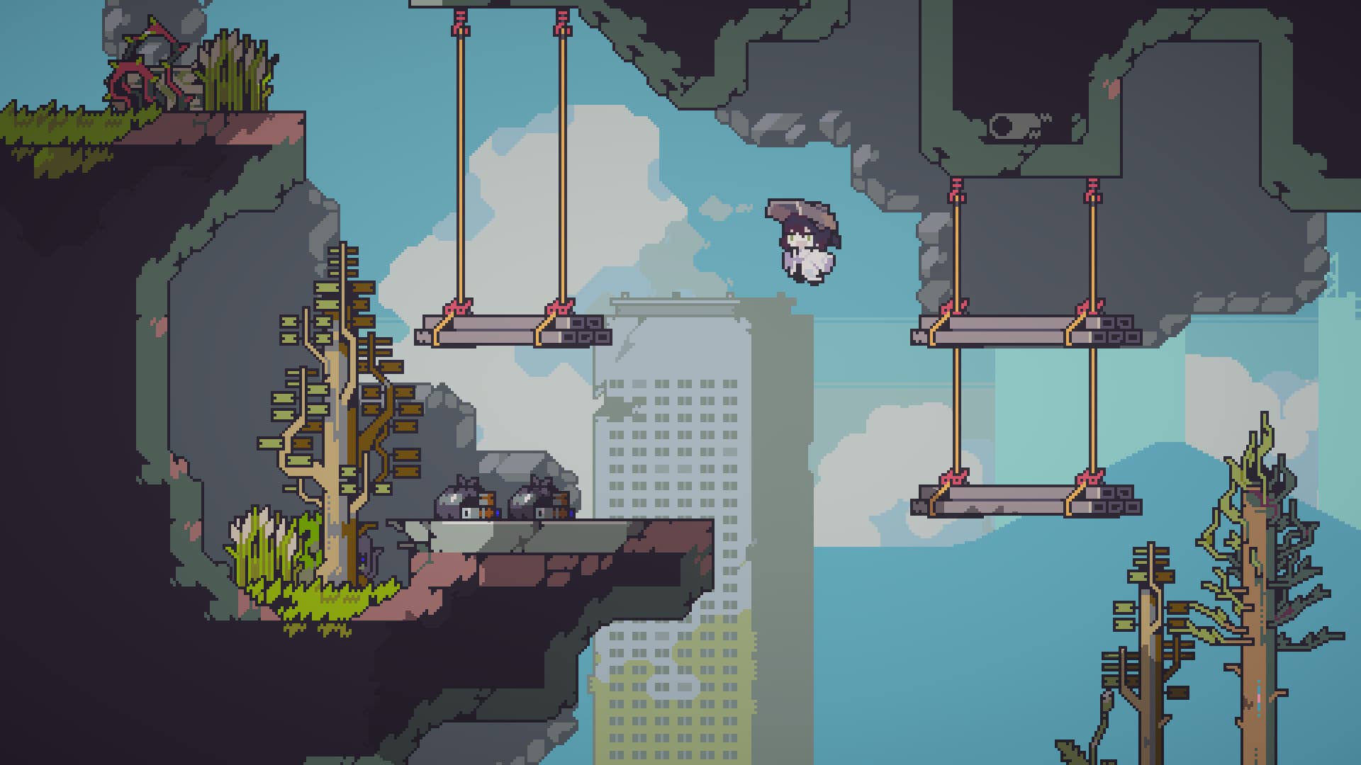 Rope-platform trail stretched over flooded ruins in an official Doloc Town screenshot