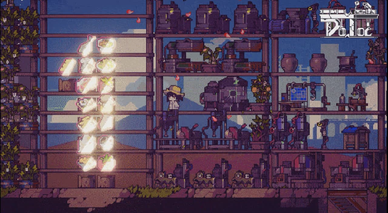 A multi-level Doloc Town workshop filled with cooking and processing machines