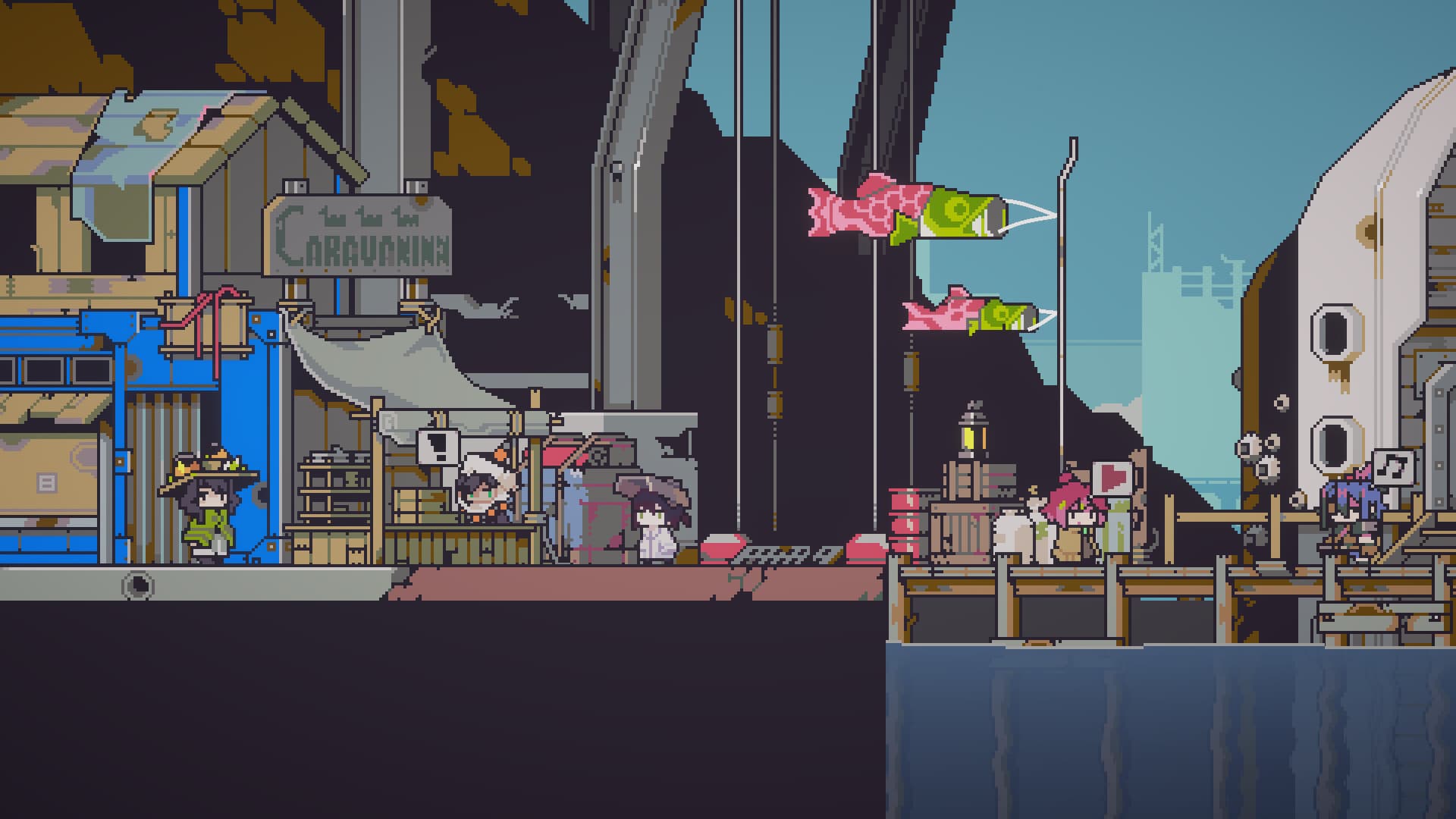 A busy Doloc Town waterside market with fish flags and residents