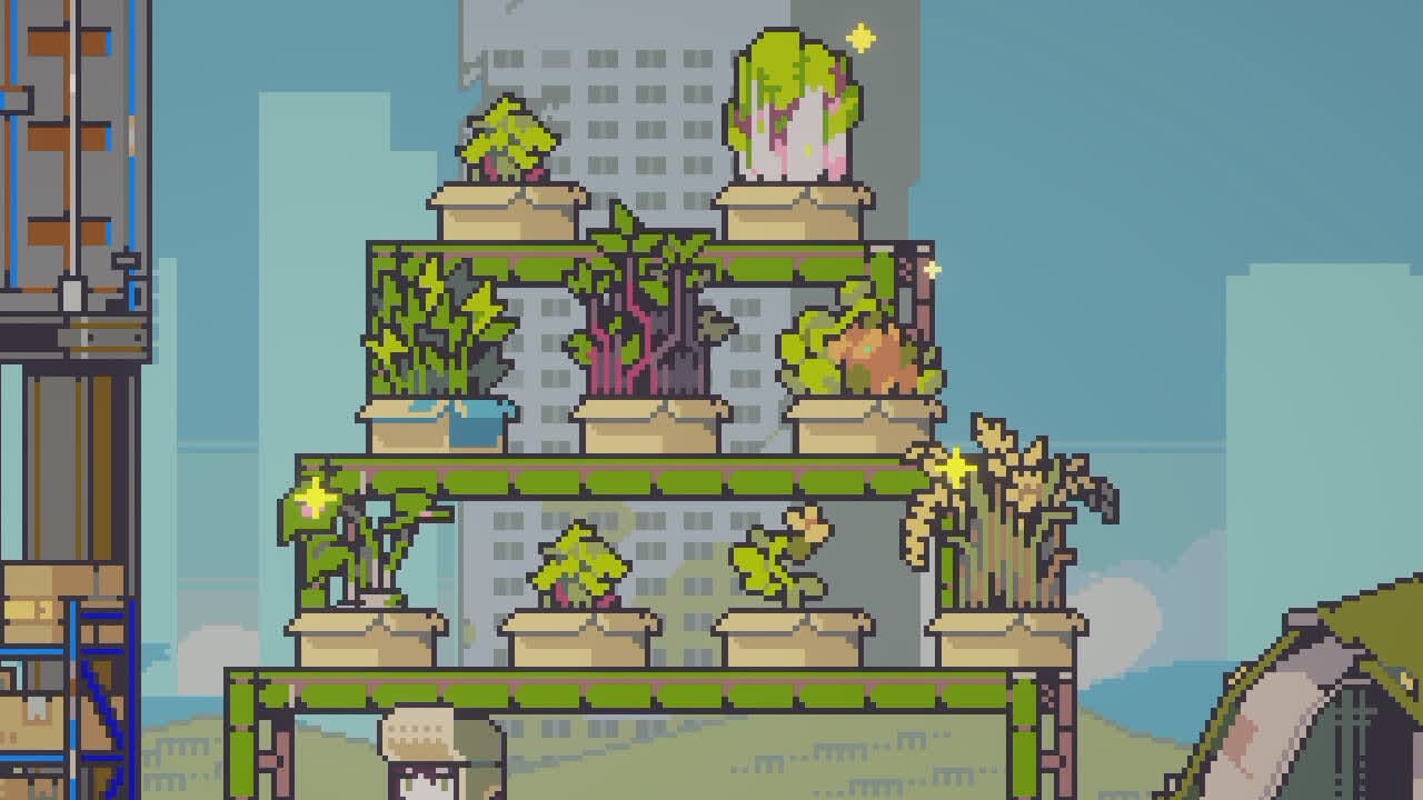 A close view of colorful crops growing on stacked planters in Doloc Town