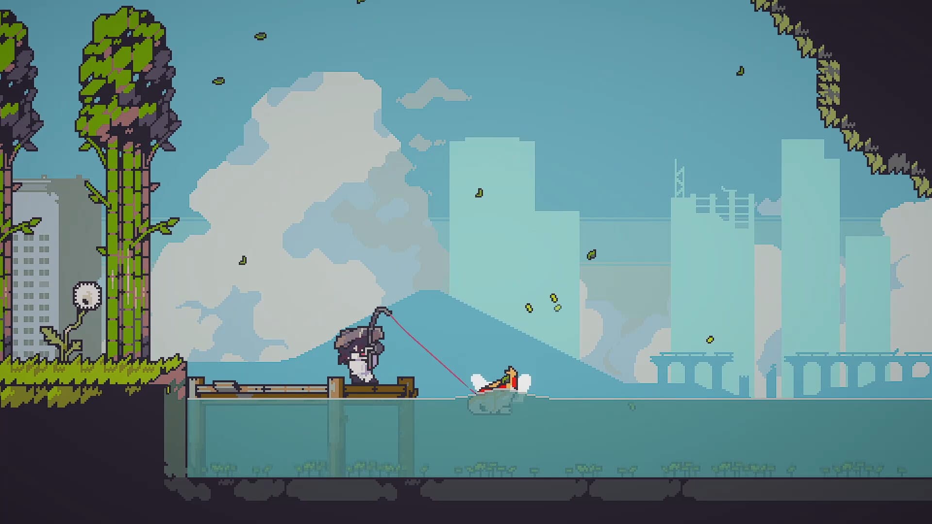 The Doloc Town protagonist fishing from a platform above a glass water tank
